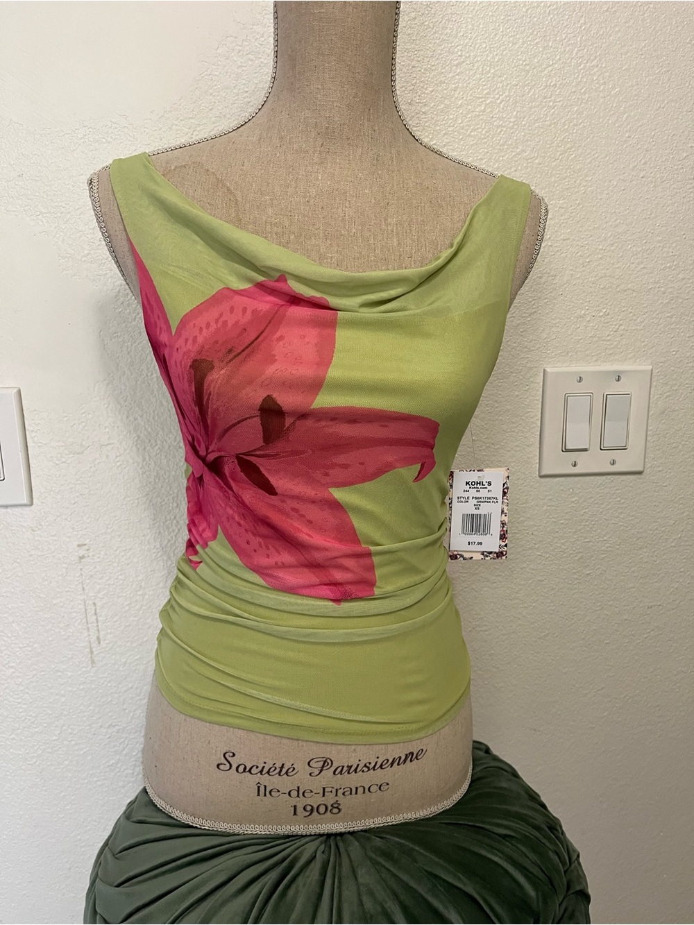 Pink Republic Green Cowl Neck Tank with Pink Floral Print